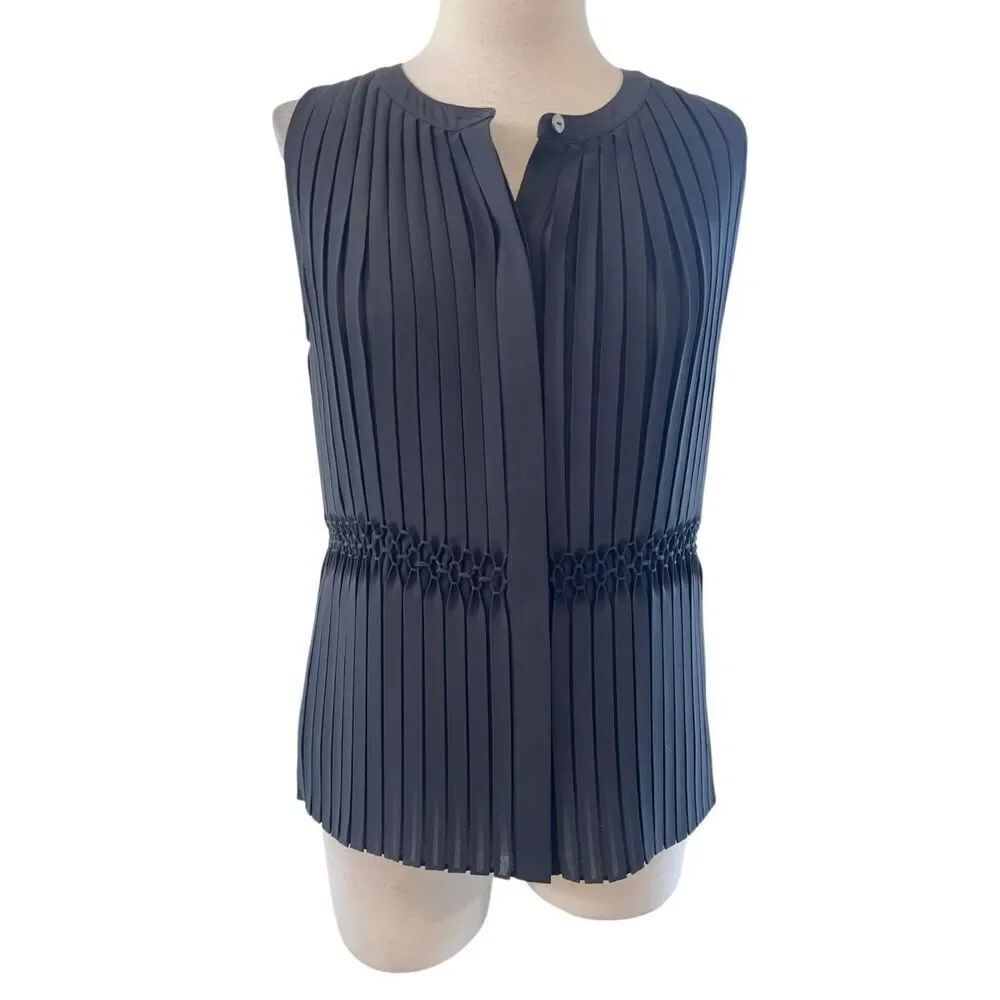 Theory Women's Pleated Smocked Sleeveless Button Up Blouse Top Black Small NWT